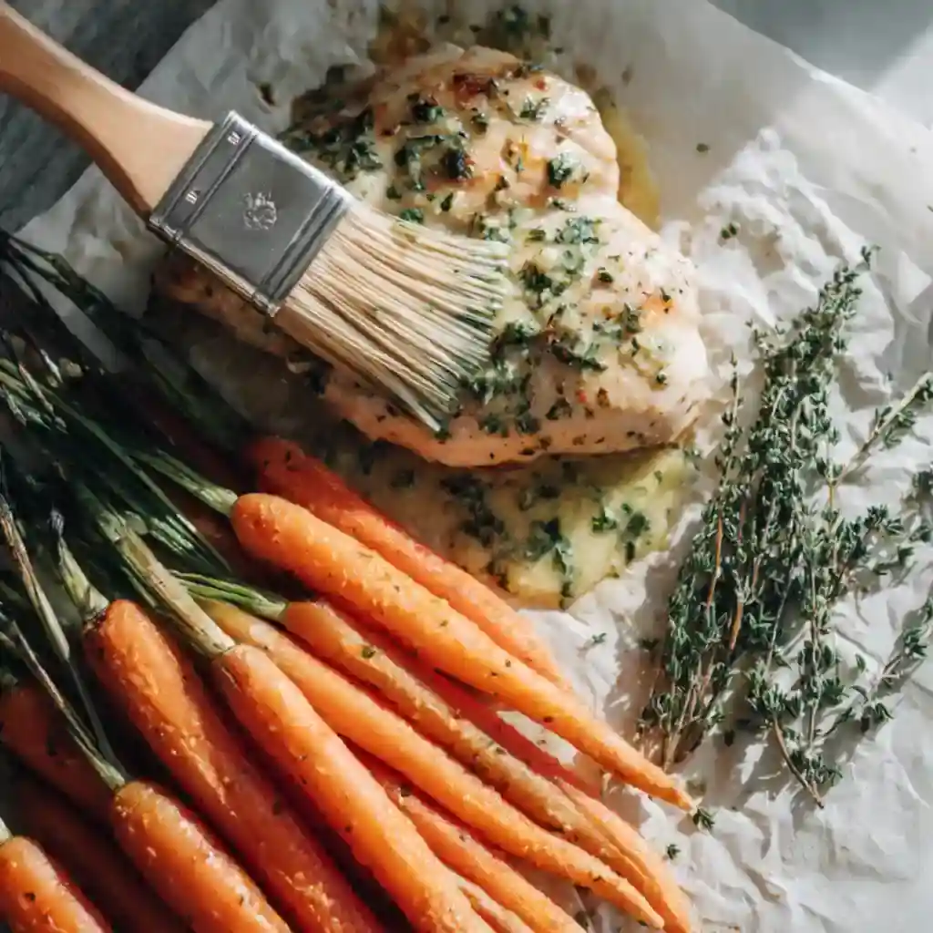Plated Garlic Herb Chicken with honey-glazed roasted carrots and herbs