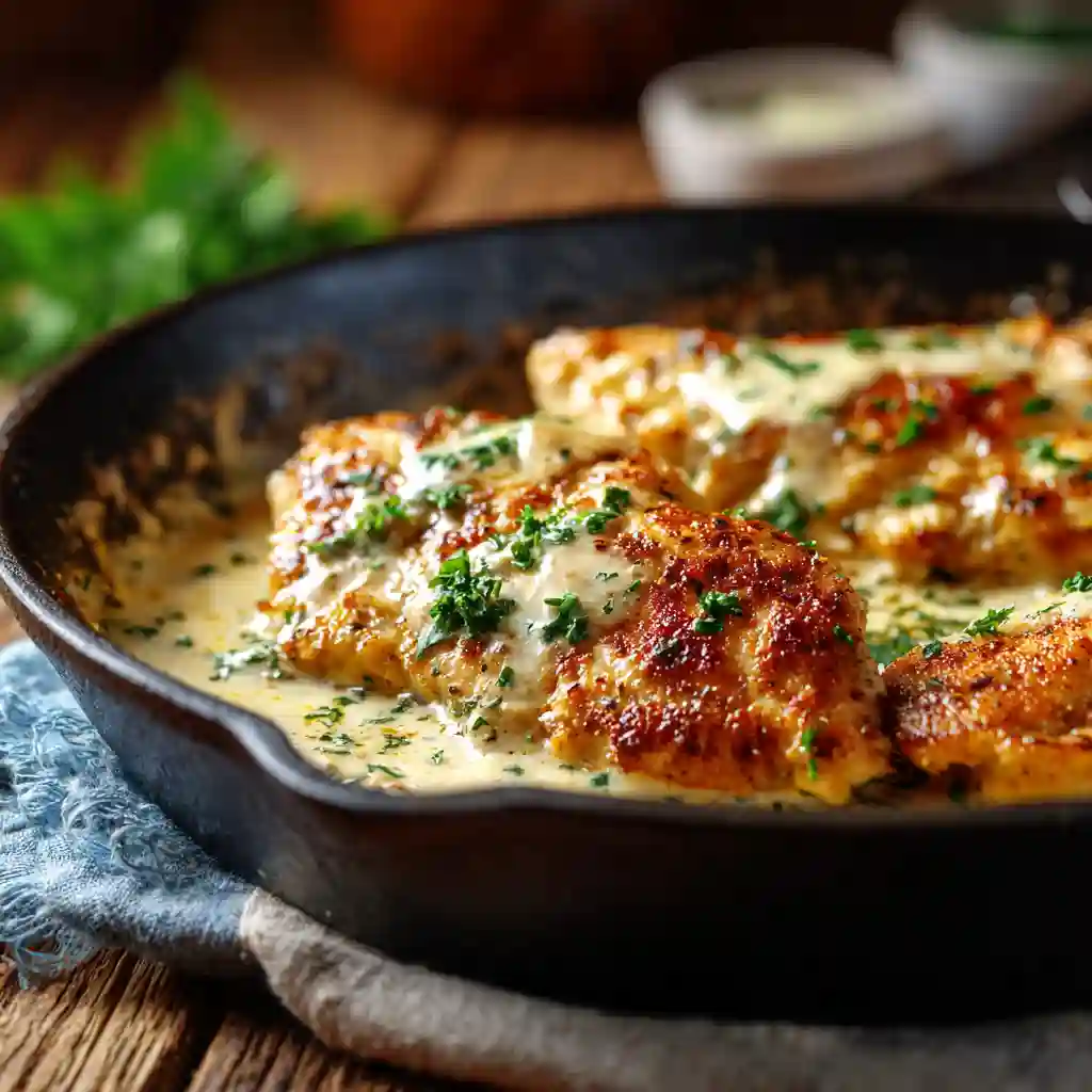 Garlic Parmesan Chicken Skillet with creamy sauce in cast iron pan