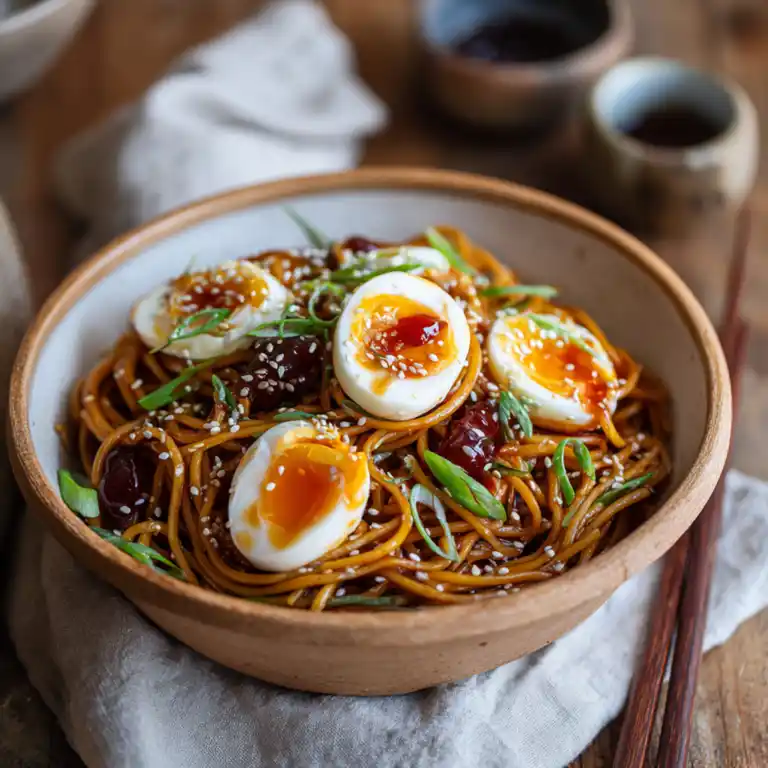 Bowl of garlic soy noodles with jammy egg