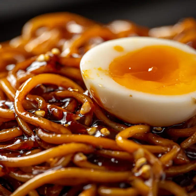 Close-up of glossy noodles and egg
