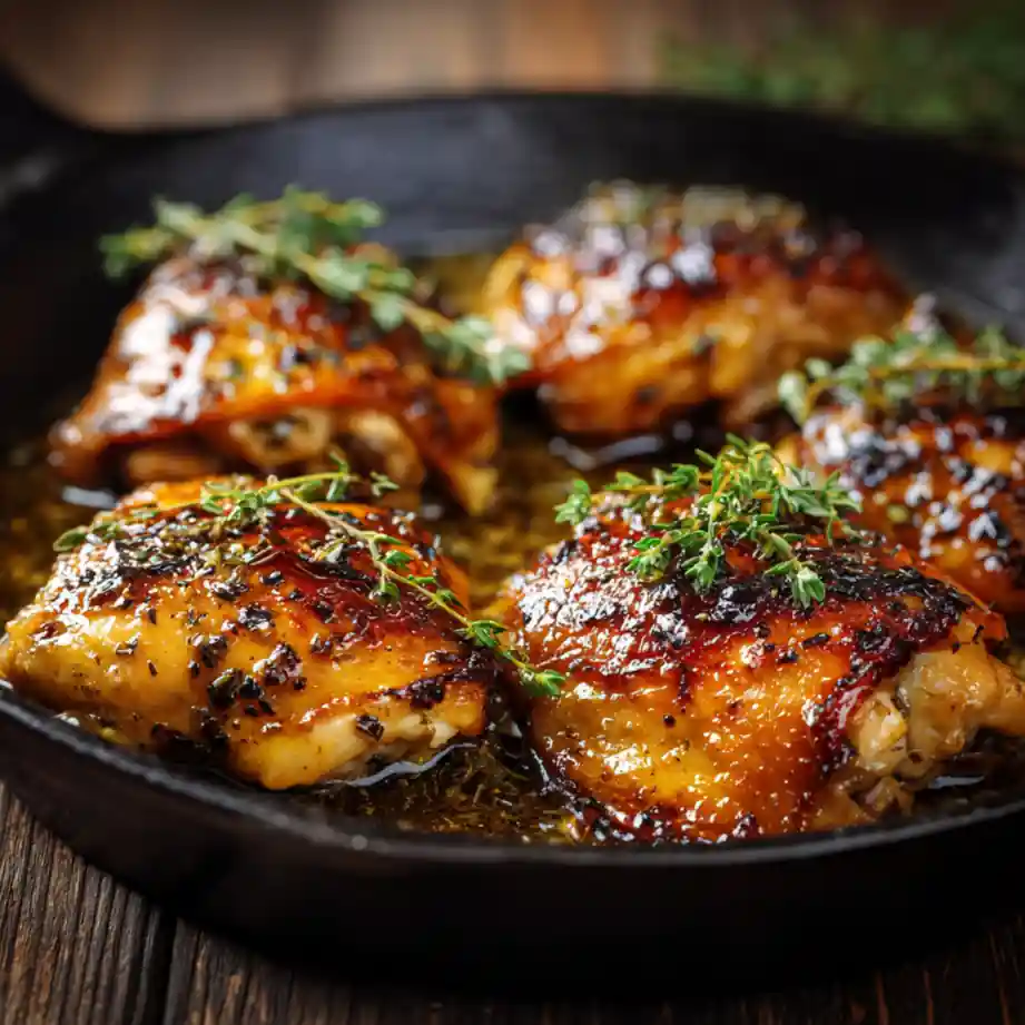 Golden pan-seared chicken thighs in cast iron skillet with garlic herb glaze.