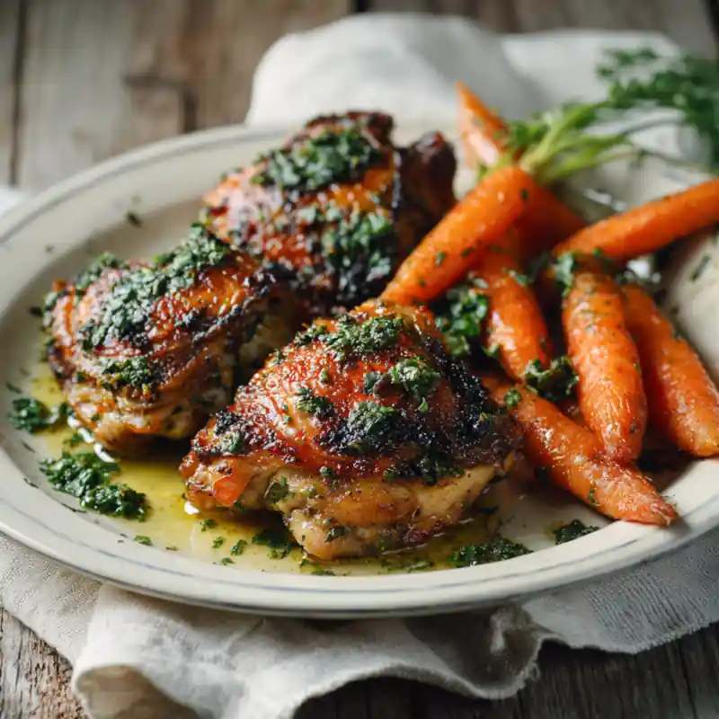 Golden pan-seared chicken thighs plated with herb glaze and roasted vegetables.