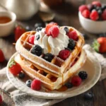 Heart-shaped mini waffles stacked high with whipped cream, fresh berries, and a drizzle of maple syrup on a rustic breakfast table.
