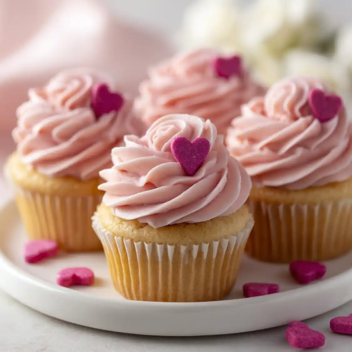 Heart-Topped Vanilla Cupcakes with Buttercream Roses (So Pretty!) 5 heart topped vanilla cupcakes featured optimized under40kb