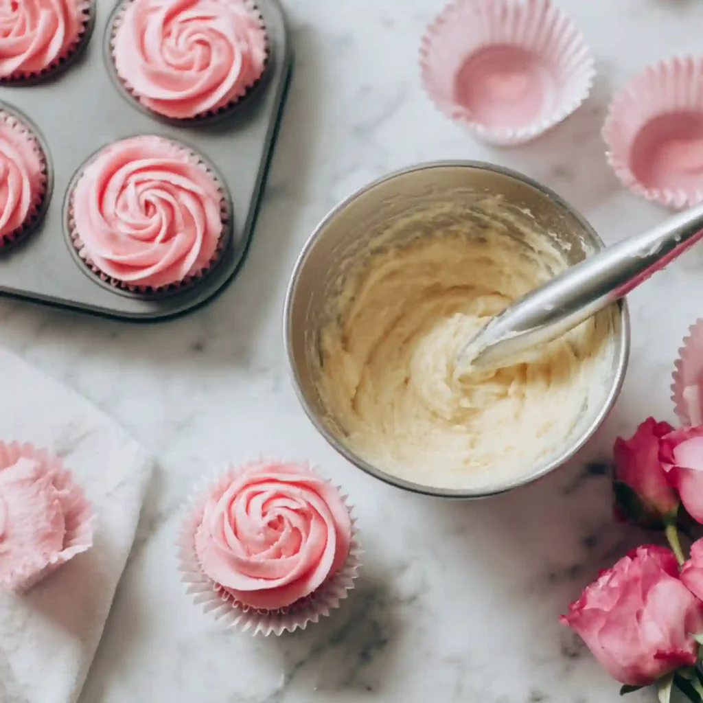 Heart-Topped Vanilla Cupcakes with Buttercream Roses (So Pretty!) 7 heart topped vanilla cupcakes step ultrafinal under40kb