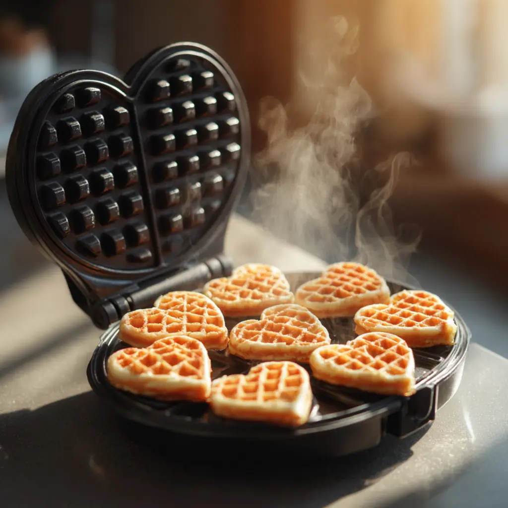 Heart-shaped waffle maker cooking golden mini waffles on a kitchen counter with soft daylight.