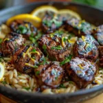 Lemon garlic butter steak orzo in skillet with parsley