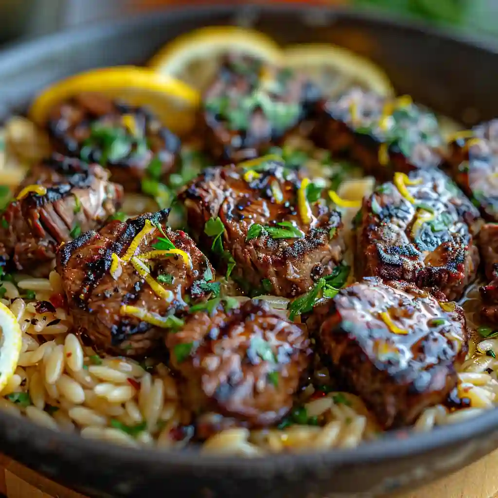 Lemon garlic butter steak orzo in skillet with parsley