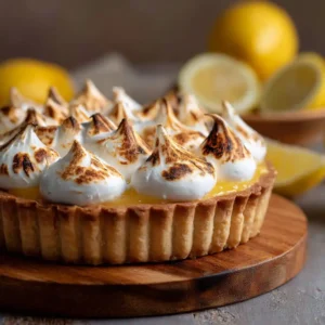 Homemade log lemon meringue tart on a wooden board with golden meringue peaks and glossy lemon curd.