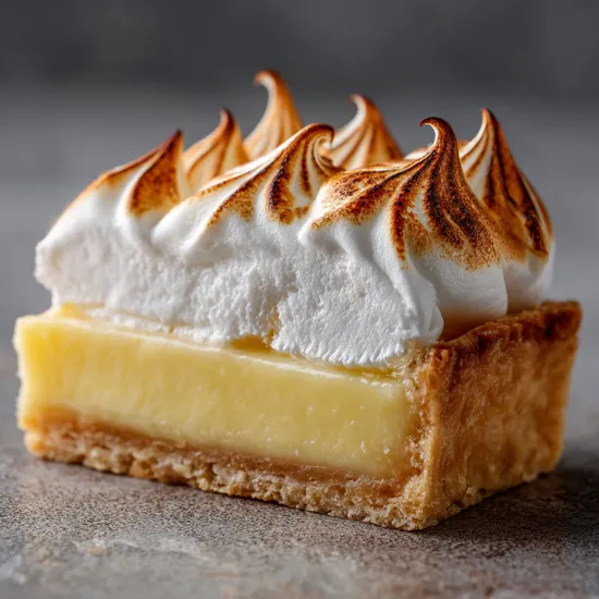 Close-up of log lemon meringue tart slice showing creamy lemon curd, flaky crust, and golden meringue swirls.