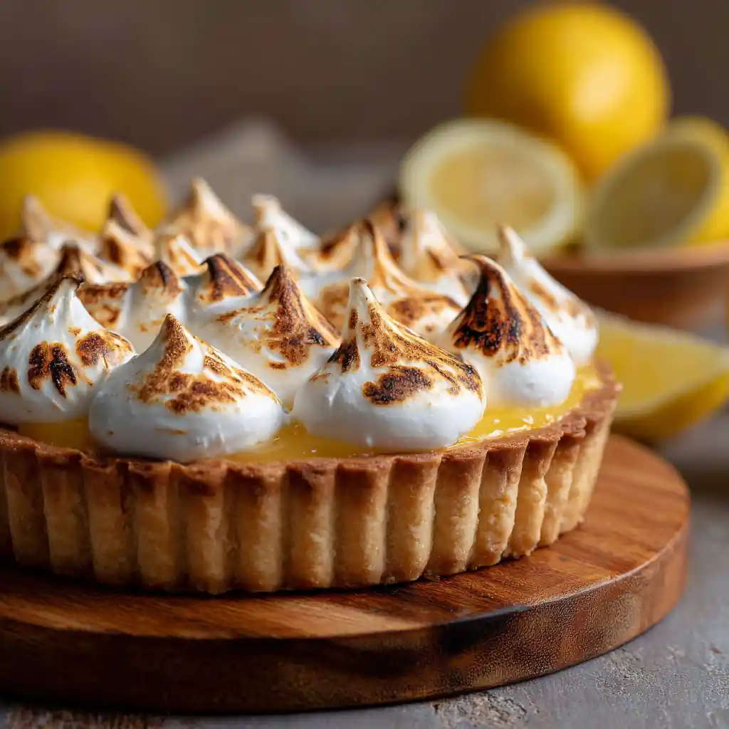 Homemade log lemon meringue tart on a wooden board with golden meringue peaks and glossy lemon curd.