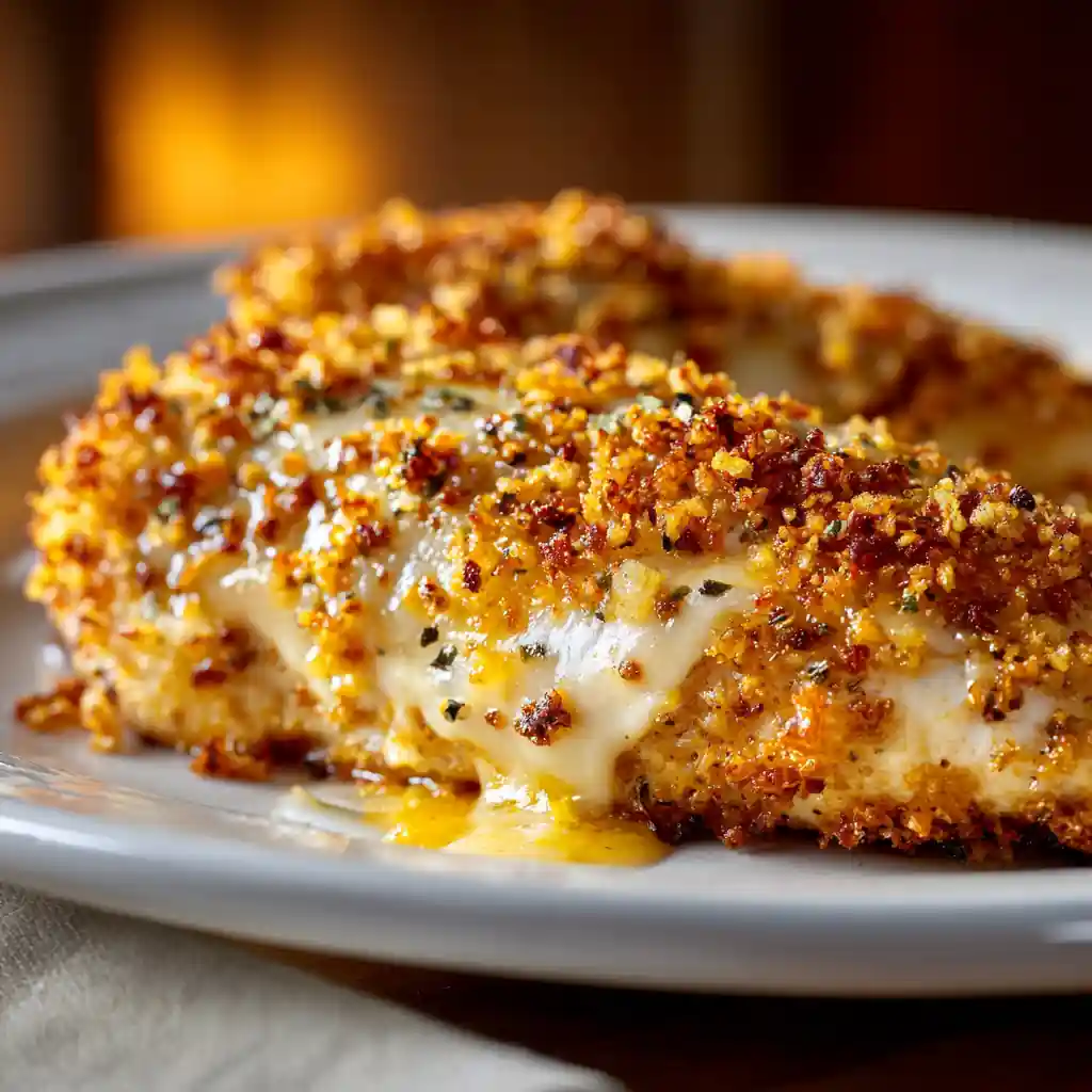 Longhorn Parmesan Chicken Copycat Recipe on a white plate with golden crust