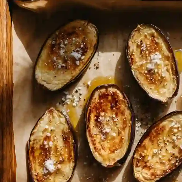 Mini Eggplant Mozzarella Wrap Rolls on a wooden board with melted cheese