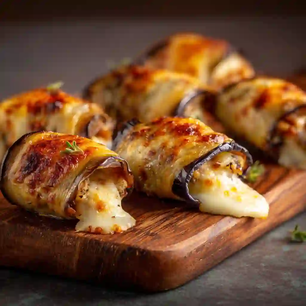 Mini Eggplant Mozzarella Wrap Rolls on a wooden board with melted cheese