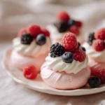 Mini Pink Pavlovas with Whipped Cream & Berries 7 mini pink pavlovas featured