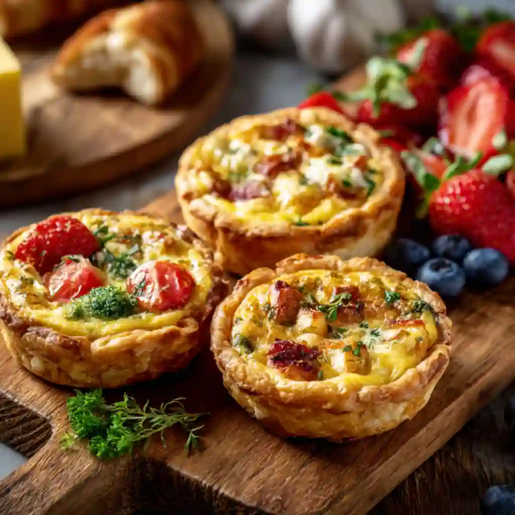 Mini Quiche Trio on wooden brunch board with fruit and pastries under soft daylight.