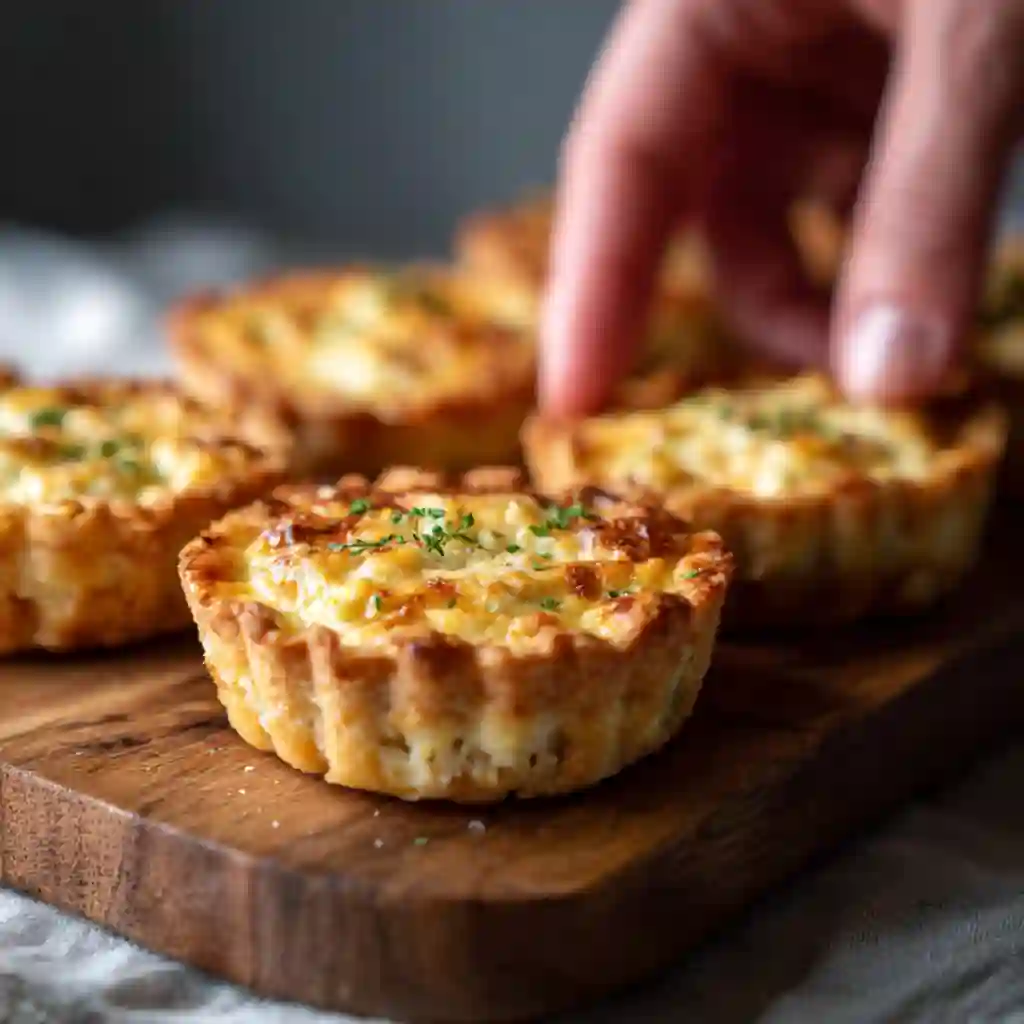 Hand serving golden vegetarian mini quiches onto a wooden brunch board.