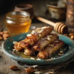 Homemade Moroccan honey almond cigars on a rustic plate with honey drizzle and crushed almonds.