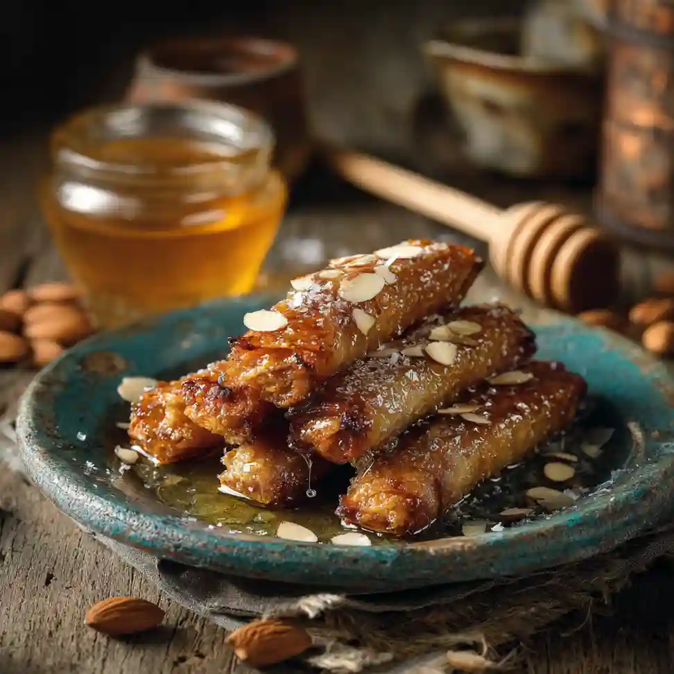 Homemade Moroccan honey almond cigars on a rustic plate with honey drizzle and crushed almonds.