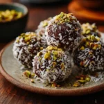 No-Bake Dubai Chocolate Balls rolled in coconut and pistachio