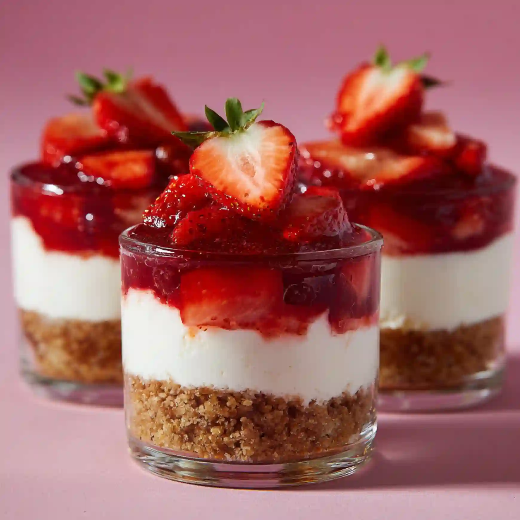 No-bake strawberry cheesecake cups with graham crust and strawberry topping