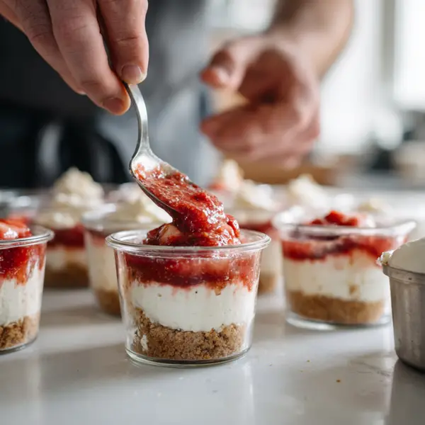 Step-by-step making of no-bake strawberry cheesecake in cups