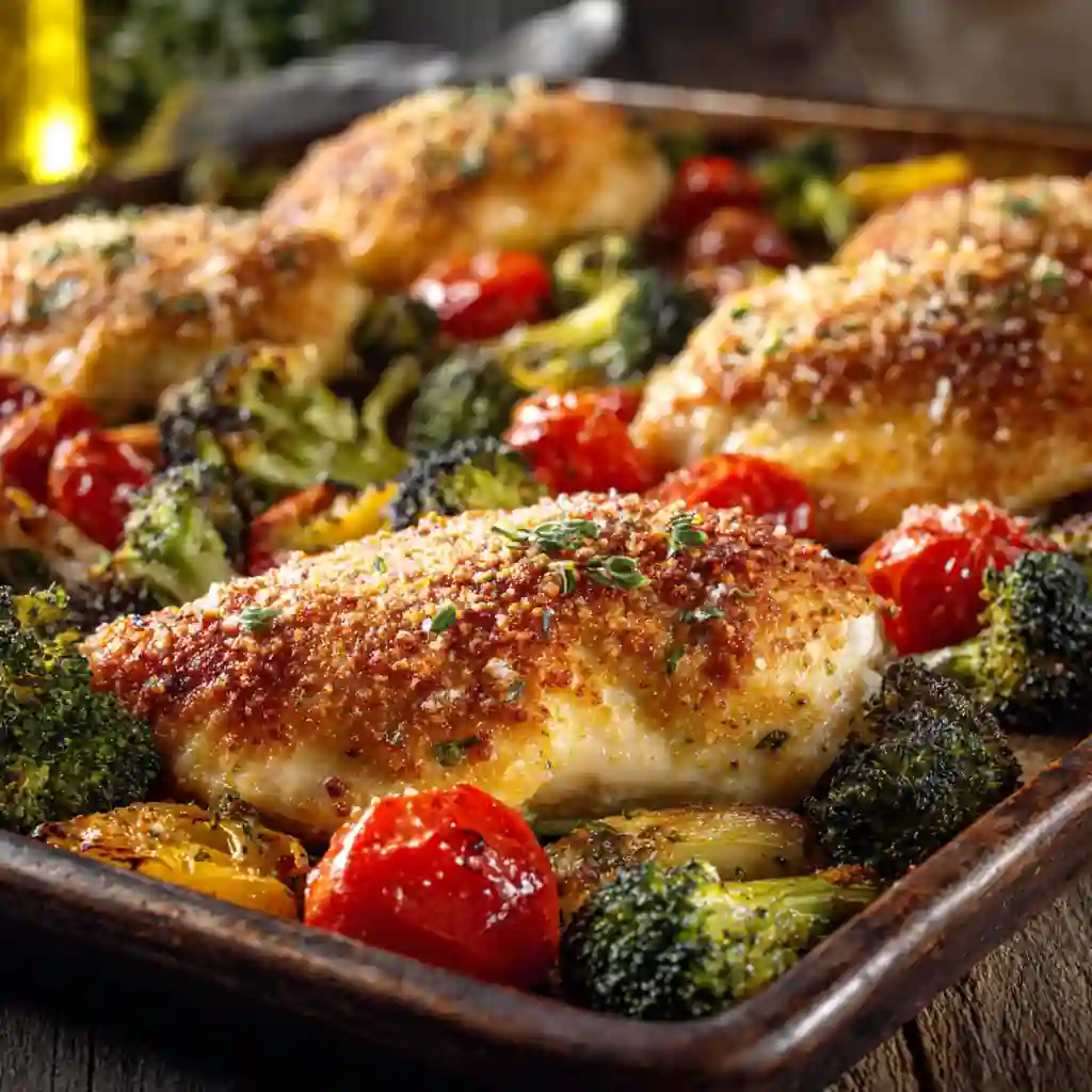 One-Pan Parmesan Chicken & Veggies baked with golden Parmesan and roasted vegetables