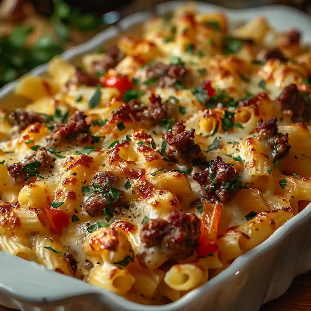 Philly cheesesteak pasta bake with melted cheese and peppers