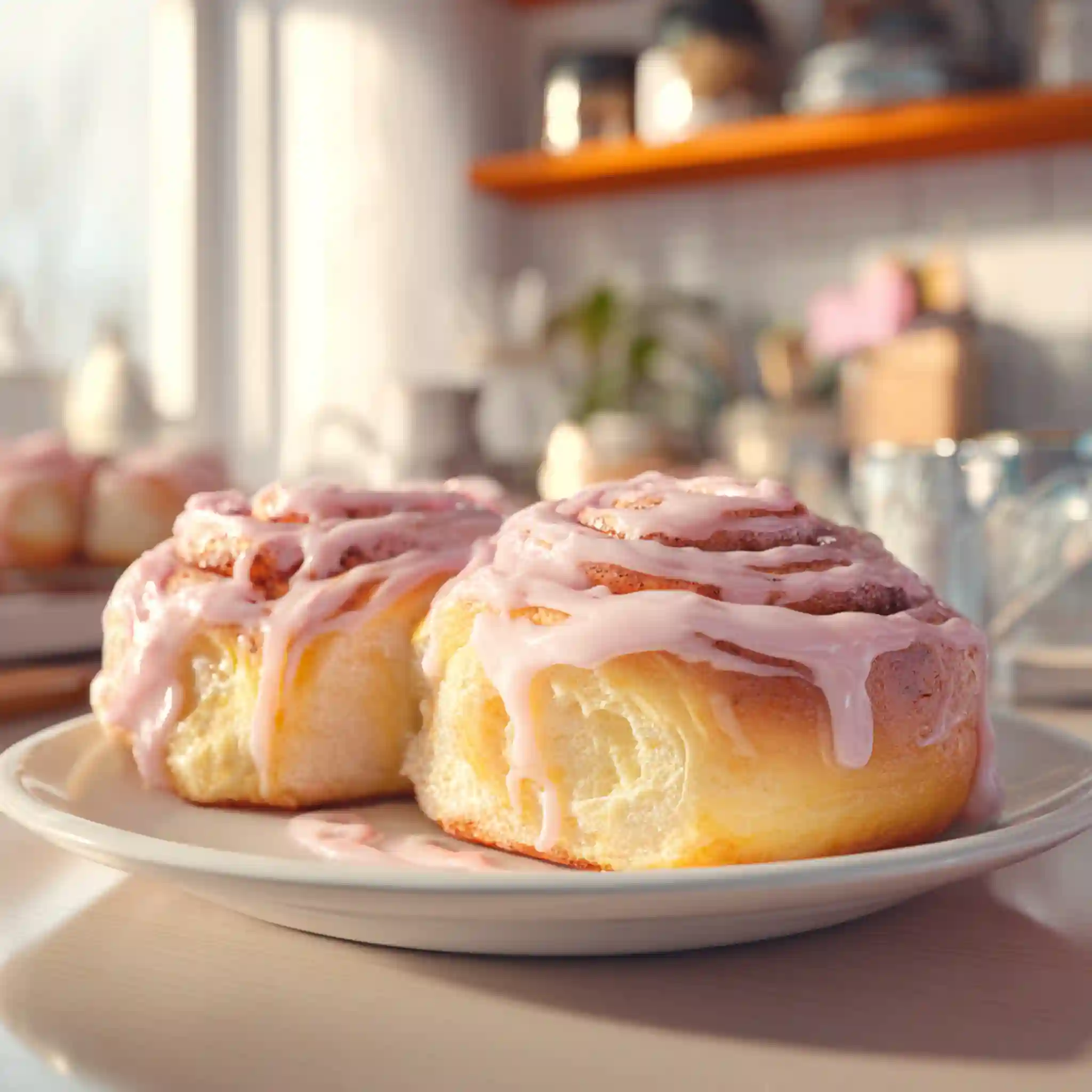 Pink Cinnamon Rolls with Cream Cheese Icing on a white plate