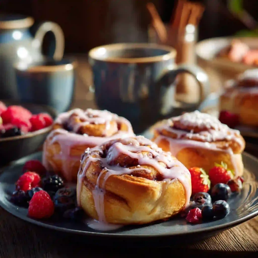 Pink Cinnamon Rolls with Cream Cheese Icing served on a breakfast table