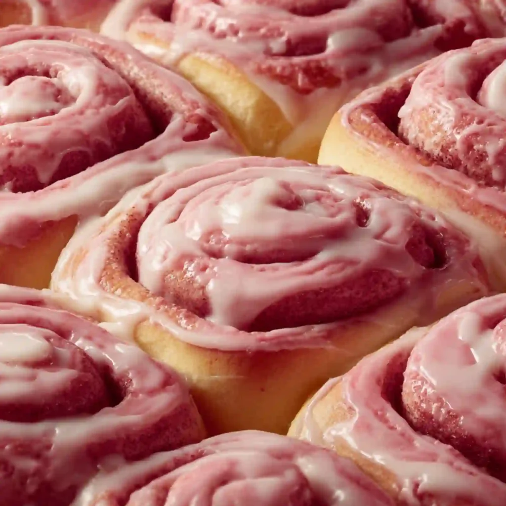 Close-up of melted cream cheese icing on Pink Cinnamon Rolls