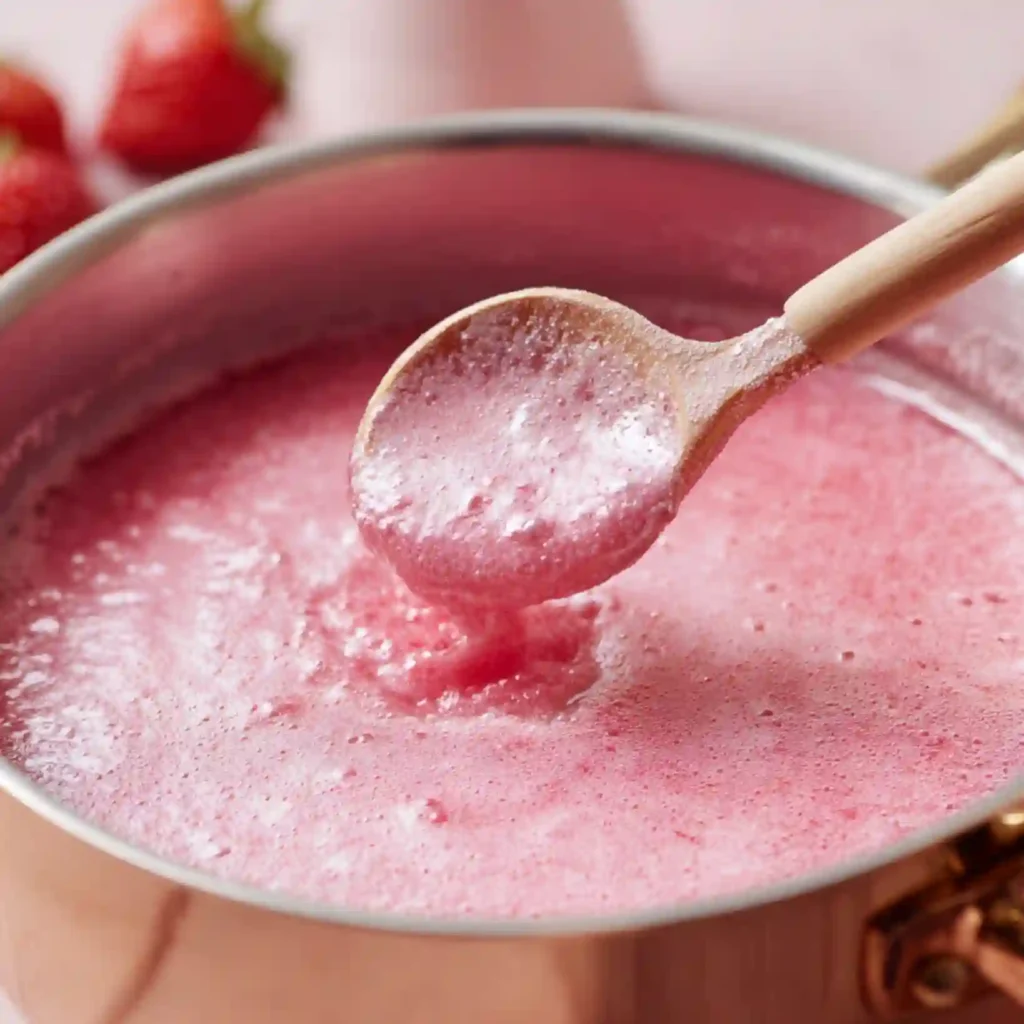 Strawberry glaze simmering in saucepan, glossy pink surface and spoon stirring.