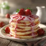 Pink pancake stack topped with strawberry glaze and fresh strawberries.
