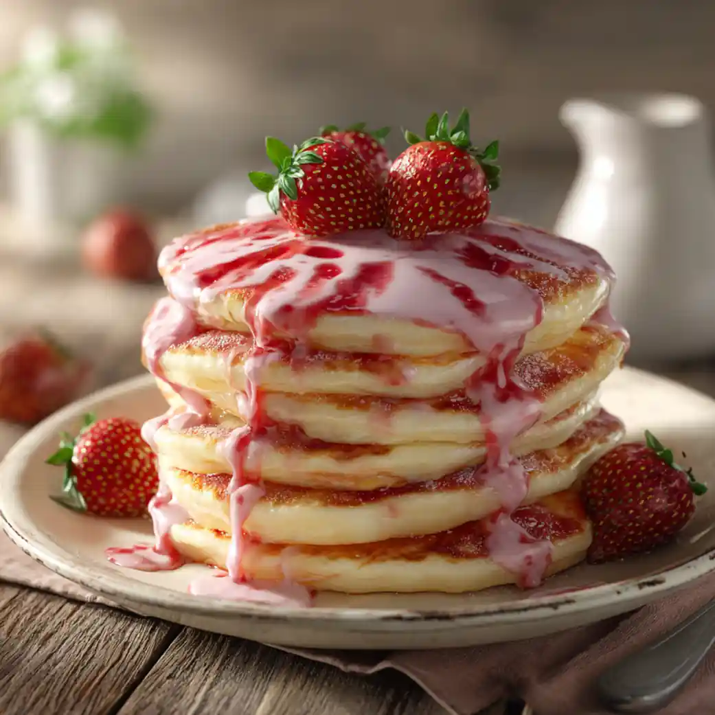 Pink pancake stack topped with strawberry glaze and fresh strawberries.