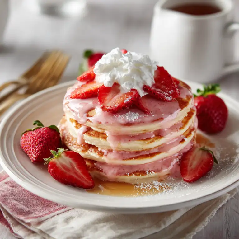 Pink pancake stack topped with strawberry glaze, whipped cream, and sliced strawberries.