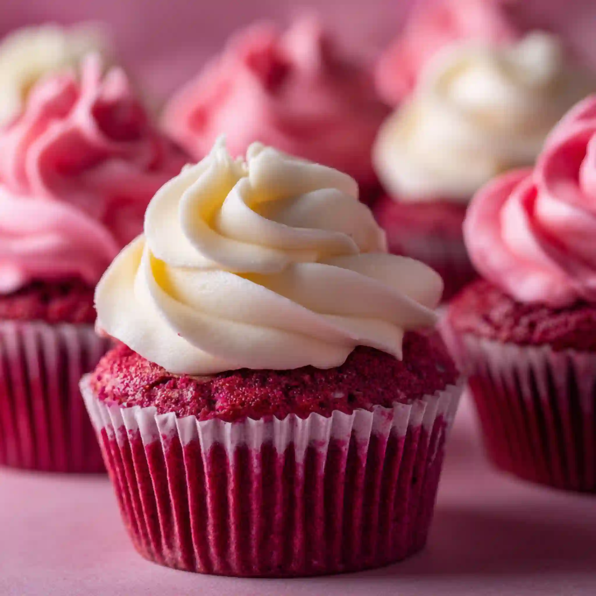 Pink velvet cupcakes with cream cheese frosting on a pink background