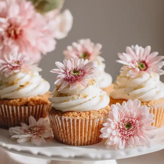 Pink velvet cupcakes on a serving table with flowers and forks