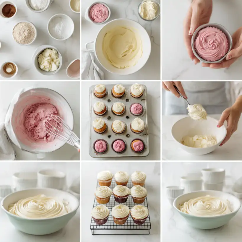 Step-by-step baking process for pink velvet cupcakes