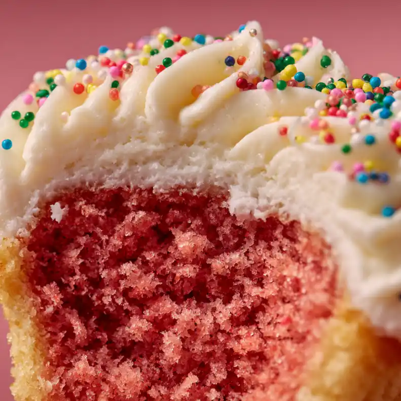Moist texture of pink velvet cupcake with cream cheese frosting