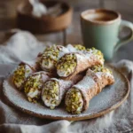 Plate of pistachio cannoli with powdered sugar