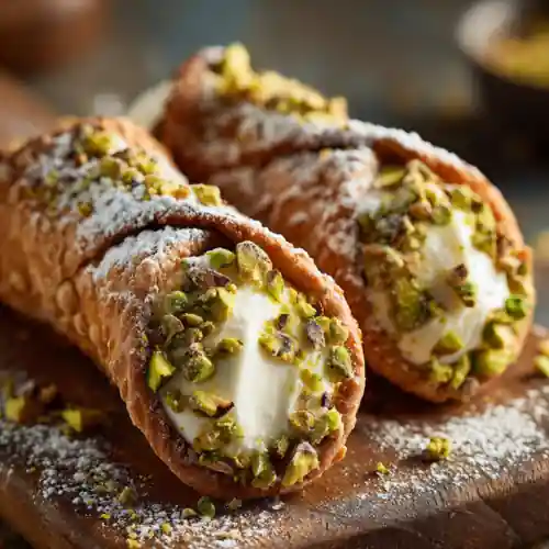 Close-up of pistachio cannoli filling