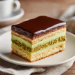 Pistachio chocolate opera cake slice showing layers