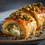 Pistachio-Feta Spanakopita Roulade on plate with crisp phyllo layers