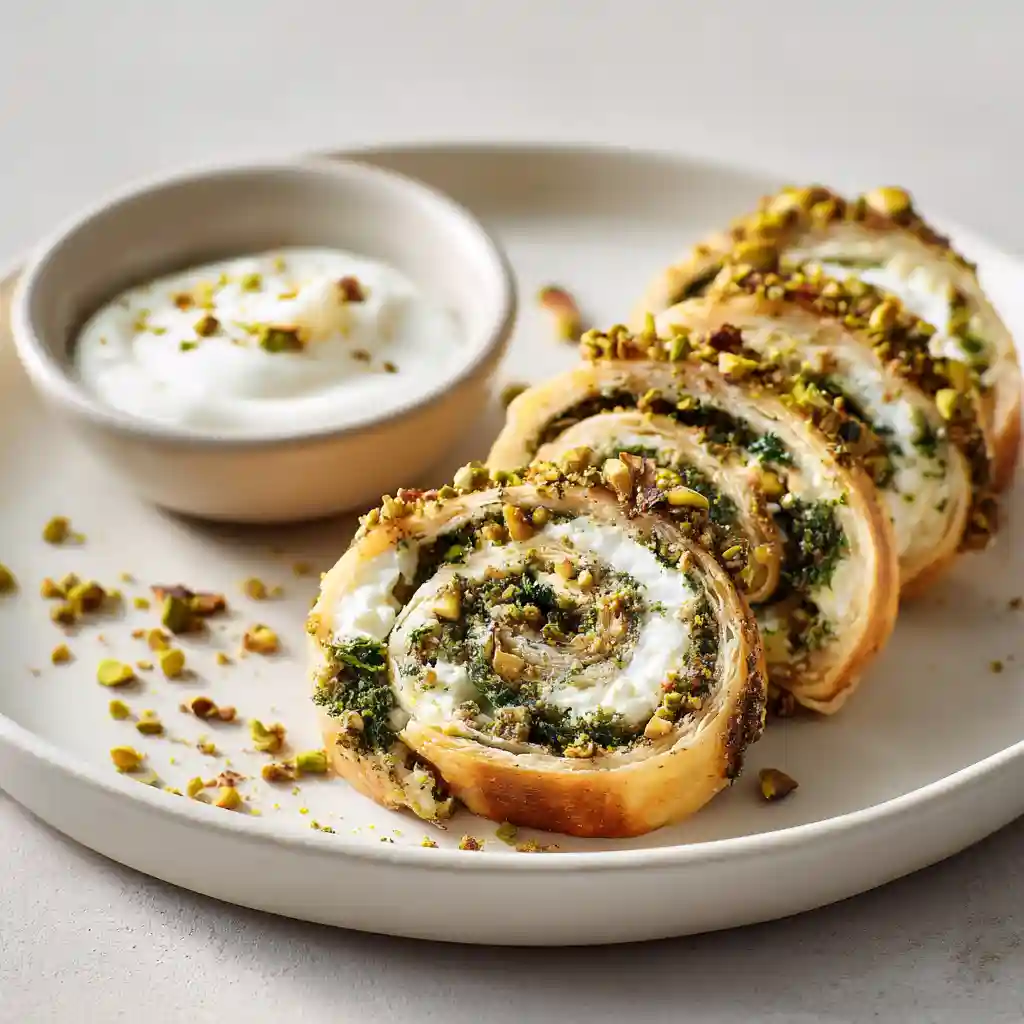 Sliced Pistachio-Feta Spanakopita Roulade with lemon yogurt dip