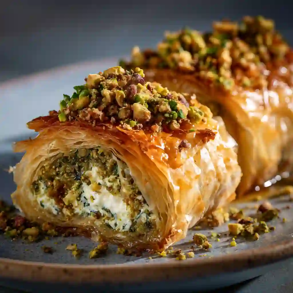 Pistachio-Feta Spanakopita Roulade on plate with crisp phyllo layers