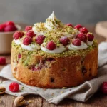 Pistachio raspberry cake with cream and berries