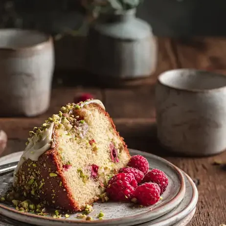 Slice of pistachio raspberry cake on plate