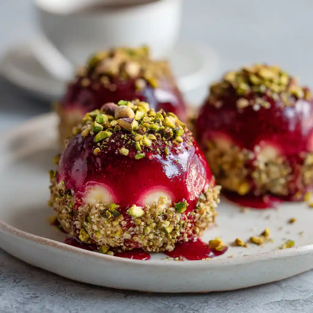 Pistachio and raspberry cheesecake domes with creamy mousse and nutty base