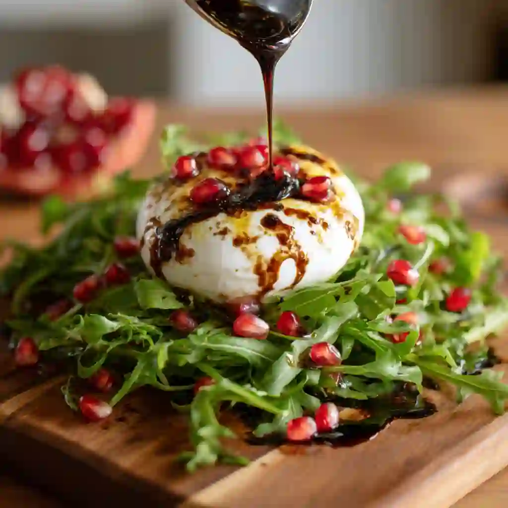 Pomegranate & Burrata Christmas Salad with balsamic.