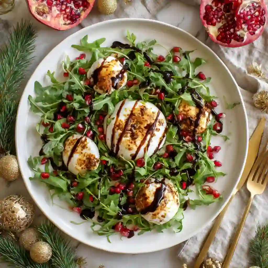 Pomegranate & Burrata Christmas Salad with balsamic glaze on a white platter, garnished with fresh herbs and candied pecans.